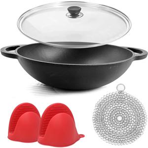 12 Inch Pre-Seasoned Cast Iron Skillet - Wok Round Bottomed Frying Pan with Assist Handles,Tempered Glass Lid, Cast Iron Scrubber,Silicone Oven Mitts for Stovetop,home baking  (Glass Lid)