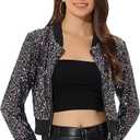Allegra K Women Cropped Sequin Jacket 2025 Long Sleeve Front Zip Glitter Sparkly Bomber Jackets Party Disco Outfit Medium