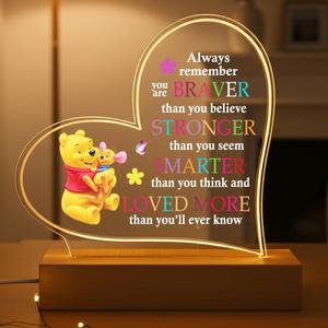 Pooh Bear Heart Night Light, Loved More Inspirational Quote Lamp, Gift for Daughter Son Girlfriend Boyfriend, Heart Shaped Bedroom Decor, Room Light