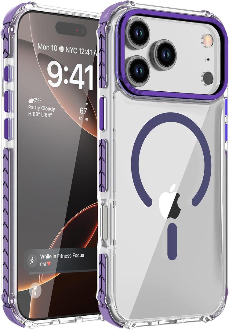 DEERLAMN Strong Magnetic Case for iPhone 17 Pro Max 6.9-Inch,[Compatible with Magsafe][Military Grade Drop Protection] Clear Slim Shockproof Protective Phone Cover-Transparent+Purple