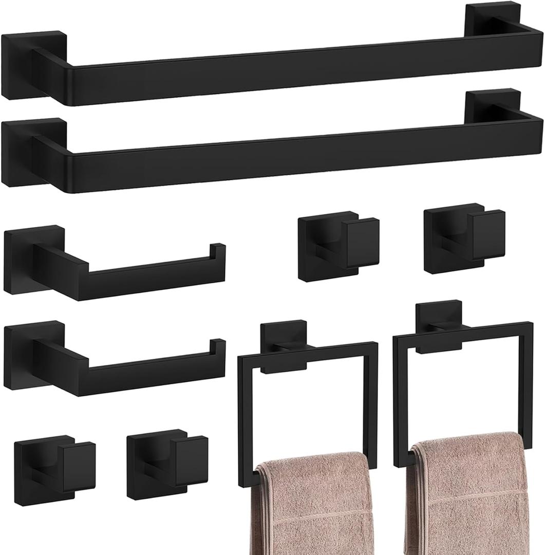 10-Pieces Matte Black Bathroom Accessories Set, 23.6 Inch Bath Towel Bar Set, SUS 304 Stainless Steel Bathroom Hardware Set, Towel Racks for Bathroom Wall Mounted
