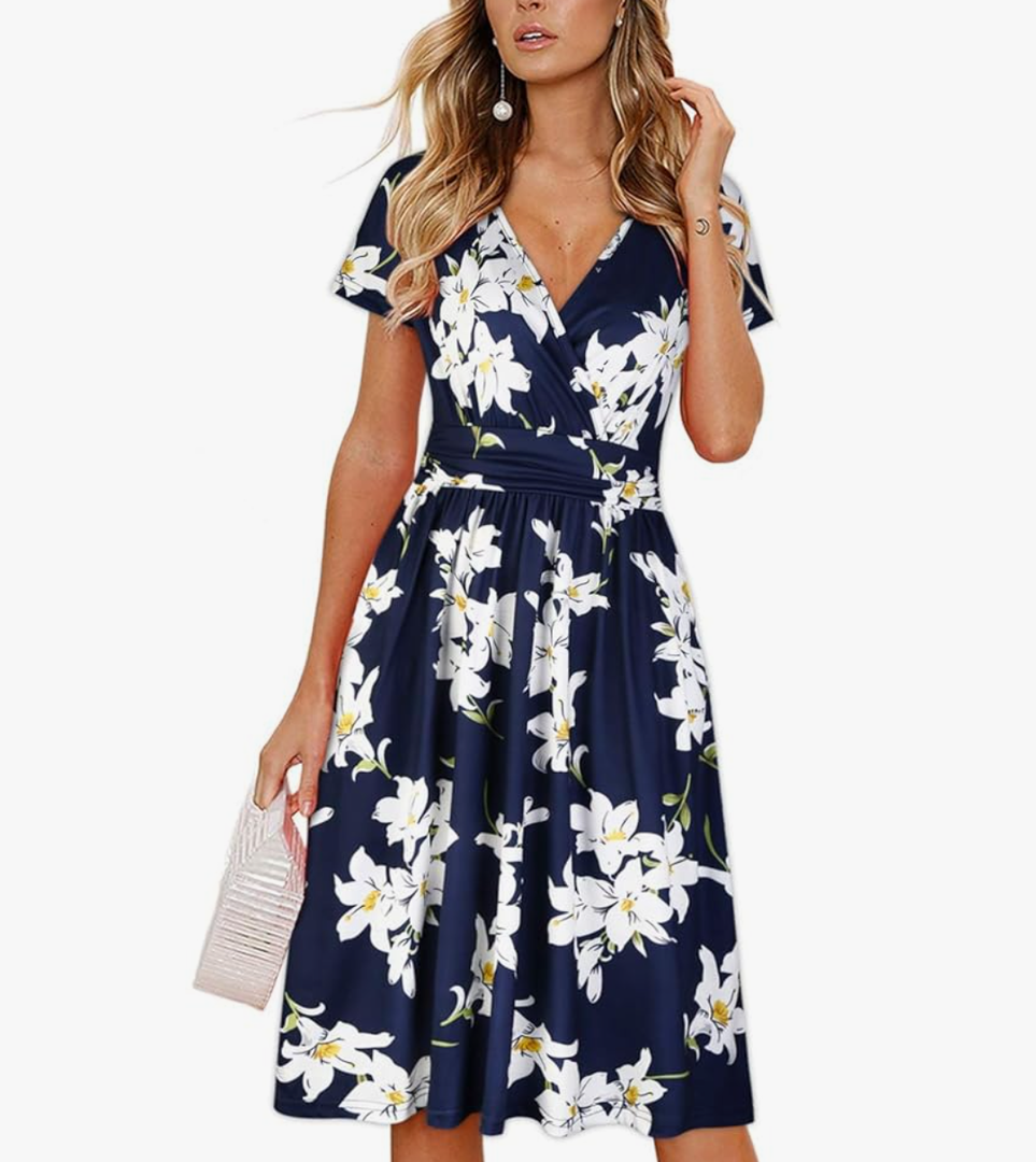 OUGES Women's Summer Short Sleeve V-Neck Floral Short Party Dress with Pockets L