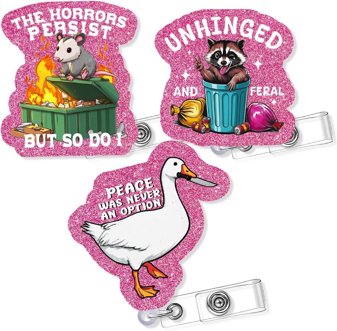 3 Pcs Funny Nurse Badge Reel, Pink Silly Goose Raccoon Opossum Badge Holder with Retractable Clip, Glitter ID Badges Buddy for Doctor Nursing Student Teacher Office Worker Gifts