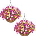 Elyum 2 Pack Artificial Hanging Flowers for Outdoors, Fake Flowers Artificial Petunias Hanging Baskets for Outdoors, UV Resistant Fake Hanging Plants Flowers for Outside Garden Patio Porch Decor