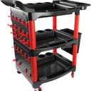 Auto Detailing Cart with Wheels, 3 Tier Rolling Detail Cart with Long Hanging Plate & Hooks & Hanging Bucket & Cat Ear Basket, for Detailers Garage, Workshop, Repair Shop, Storage Tool