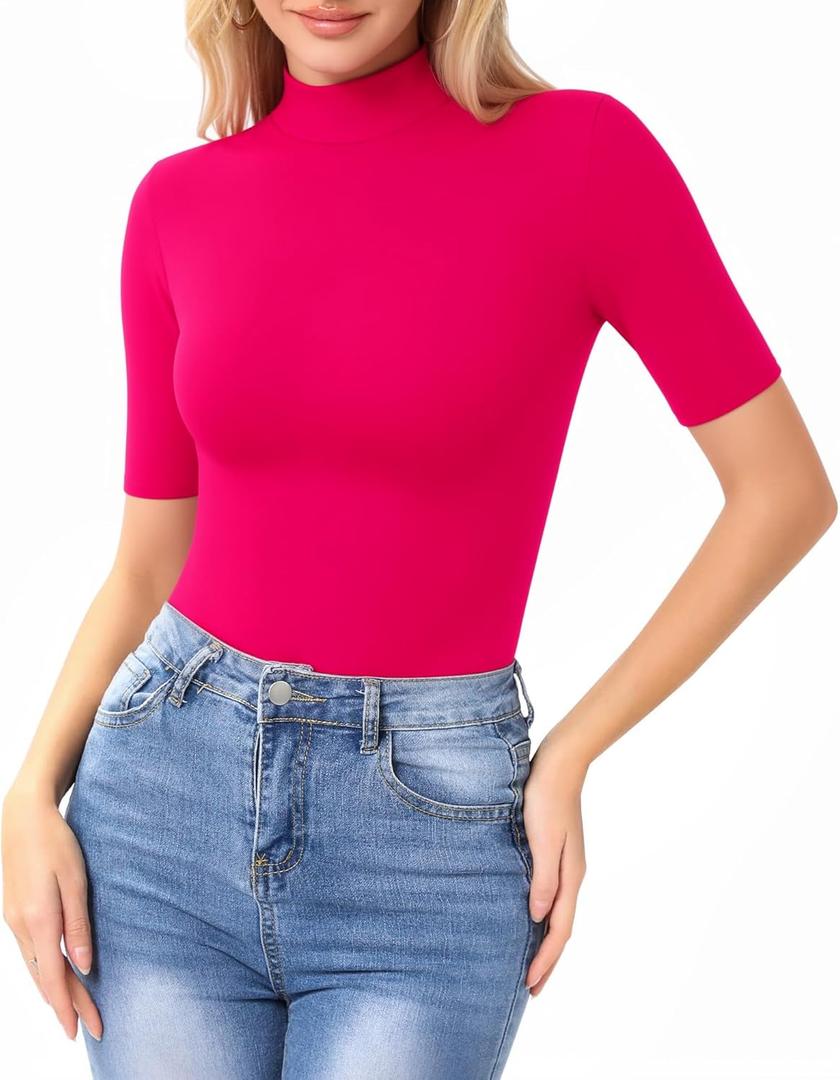 MANGOPOP Women's Mock Turtle Neck Slim Fit Long Half Elbow 3/4 Short Sleeve T Shirts Tight Tops Basic Tee (Large, 28 Hot Pink)