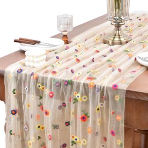 Joanlody Champagne Embroidery Daisy Christmas Table Runner 10ft Florals Seasonal Tulle Table Runner Holiday Kitchen Dining Table Decoration for Home Party Indoor (10ft x 1pack)