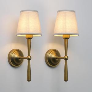 Yosoan Brass Linen Shade Bedside Vanity Wall Sconce Set of 2, Vintage Industrial Hardwired Indoor Boho Gold Wall Mounted with Funnel Textile for Bedroom Stairwell Hallway (Antique)