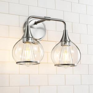 Brushed Nickel Bathroom Vanity Light 2 Lights Bathroom Light Fixtures Over Mirror with Clear Glass Shade 14 inch Wall Sconce Lighting Bath(Exclude E26 Bulb), 2 Light with Clear Globe