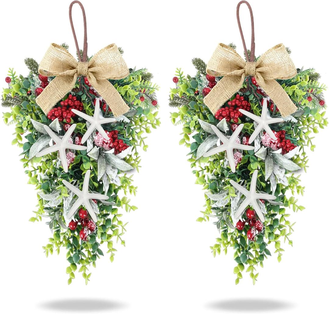 2 PCS 24" Christmas Starfish Teardrop Swag Rustic Farmhouse Wreath with Green Leaves Red Berries Hanging Swag for Xmas Winter Front Door Indoor Outdoor Pillar Porch Wall Cabinet Window Home Decor