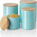Sweejar Kitchen Canisters Ceramic Food Storage Jar Set, Stackable Containers with Airtight Seal Wooden Lid for Serving Ground Coffee, Tea, Herbs, Grains, Sugar, Salt - Set of 4 (Turquoise)
