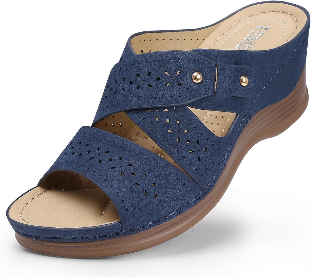 TEMOFON Wedge Sandals for Women Summer: Dressy Low Heel Sandals Black/Navy/White, Comfortable Walking, Arch support, Casual Slip on Summer Shoes, Size 8