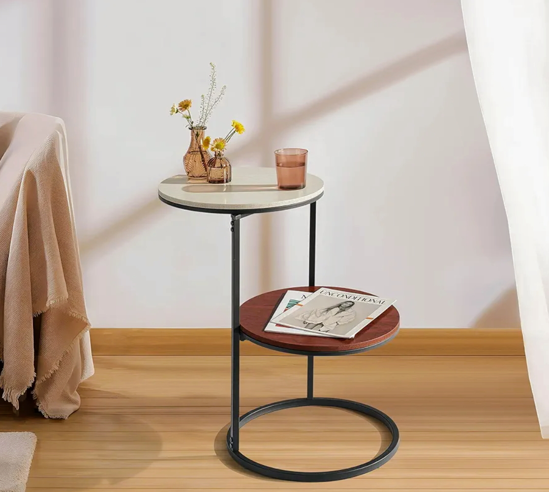 Round Side Table, Modern End Tables Living Room Furniture, Wood Nightstand Small Bedside Table, Unique Accent Tables