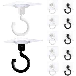12Pcs Adhesive Ceiling Hooks Heavy Duty No Drill 360 Rotating, Swivel Utility Strong Self Sticker Wall Hook Sticky Under Cabinet for Hanging Purse Bag Small Plant Hanger, 3Inch Waterproof, BlackWhite