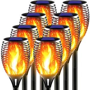 Large Solar Torch Light with Flickering Flame, Outdoor Decorative Solar Tiki Torches for Outside, Super Bright Landscape Lighting for Garden, Pathway, Yard, Auto On/Off (Pack of 8)