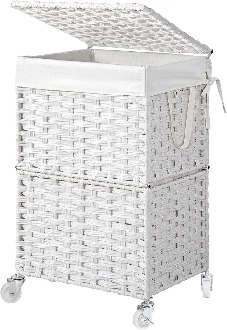 Chrislley 90L Slim Laundry Hamper with Wheels, Rolling Laundry Basket with Lid and Renovable Liner Bag, Handwoven Rattan Organizer for bedroom, bathroom, laundry room (White)