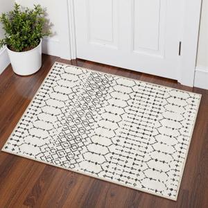 Lahome Moroccan Front Door Rugs Indoor 2x3 Non-Slip Washable Door Mats Indoor Rubber Backing Ultra-Thin Beige Small Kitchen Rug, Geometric Print Inside Door Mats for Home Entrance Bathroom Sink Hana