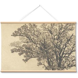 VIYYIEA Extra Large Canvas Wall Art 36x54 Inch Vintage Tree Sketch Landscape Hanging Scroll, Rustic Nature Wall Decor Oversized Artwork for Living Room Bedroom Above Sofa