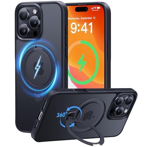 CASEKOO Patented 360° Spin Magnetic Stand for iPhone 16 Pro Max Case [Military Drop Protection] [Non-Slip Edge] [Compatible with MagSafe] Matte Shockproof Slim for iPhone 16 Pro Max Case 6.9'', Black