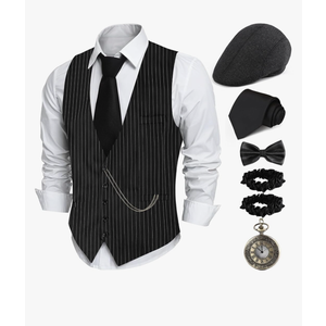 1920s Mens Costume,Roaring 20s Costumes for Men,1920S Mens Outfit Accessories with Vest Hat Pocket Watch Tie Armband, Size S 