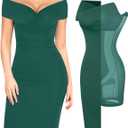 Popilush Women's Shapewear Midi Dress Off Shoulder Wrap V Neck Formal Wedding Guest Cocktail Dresses Bodycon Evening Gowns (X-Large, Green)