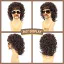 70s Wig for Men Funny Disco Hippie Wigs for Halloween Costume Party Short Brown Culry Wigs with Glasses Mustache Necklace (Brown)