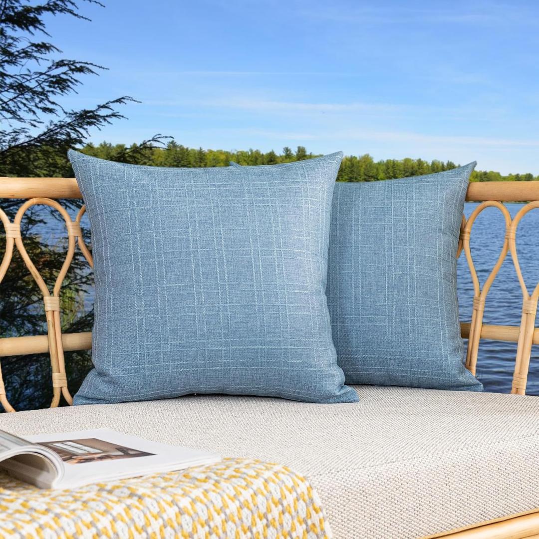 Kevin Textile Pack of 2 Decorative Outdoor Waterproof Pillow Covers Checkered Garden Cushion Sham Throw Pillowcase Shell for Patio Tent Couch 16x16 Inch Light Blue