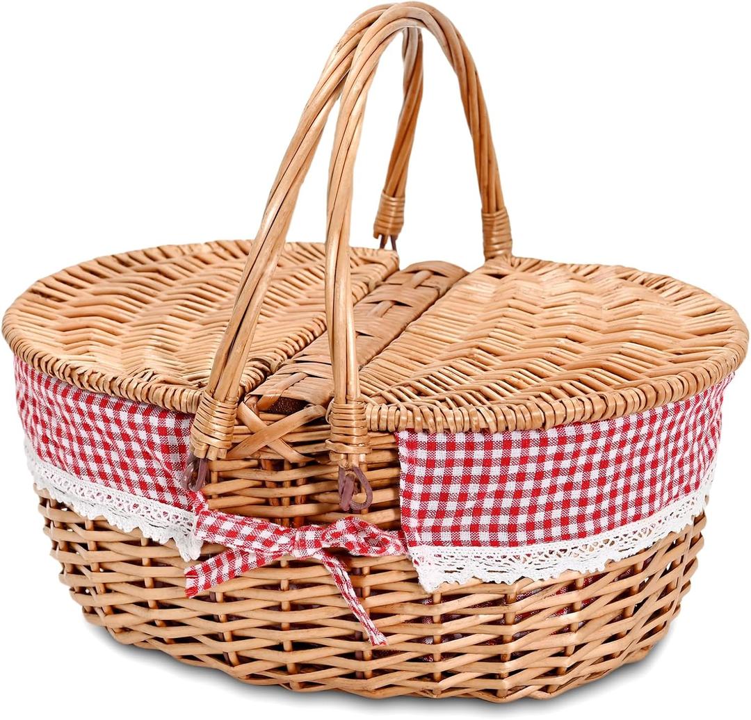 Wicker Picnic Basket with Removable Liner Empty Picnic Baskets with Lid for 2, Picnic Hamper with Foldable Handles for Picnic 2,Checkered