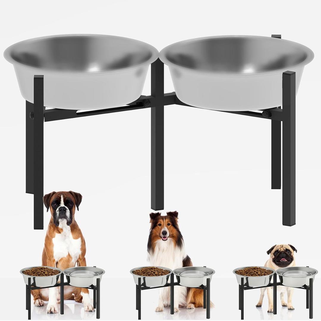 Elevated Dog Bowl Stand for 2 Bowls, Adjustable Width Metal Raised Dog Bowl Stand for Medium & Large Dogs,Fits for Bowls Width 9"-12.5" (Bowls Not Included)