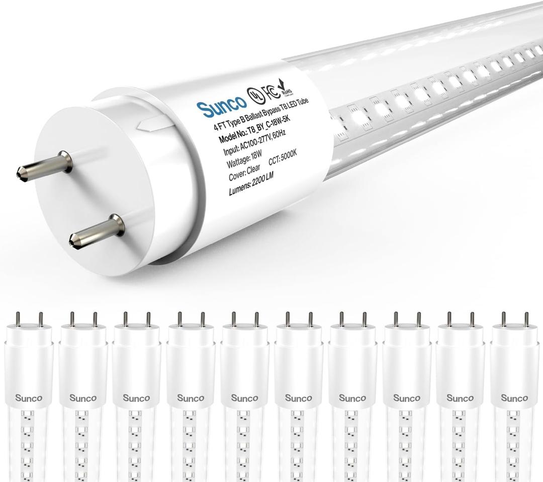 Sunco 10 Pack T8 LED Bulbs 4 Foot, Tube Light Bulbs Ballast Bypass, 48 Inch Fluorescent Replacement, 2200 LM, 18W, 5000K Daylight, Single Ended Power, Type B, Clear Lens UL