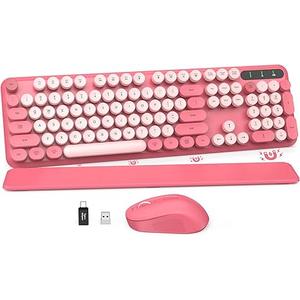 Wireless Keyboard and Mouse Combo  Round Keycaps, FullSize Retro Typewriter Keyboard with Detachable Wrist Rest, Sleep Mode & Tilt Legs, 2.4GHz Cordless Connection for Mac/Windows/PC (Hot Pink)