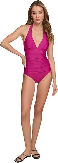 DKNY Women's Triangle Halter Neck One Piece Swimsuit with Tummy Control, XL