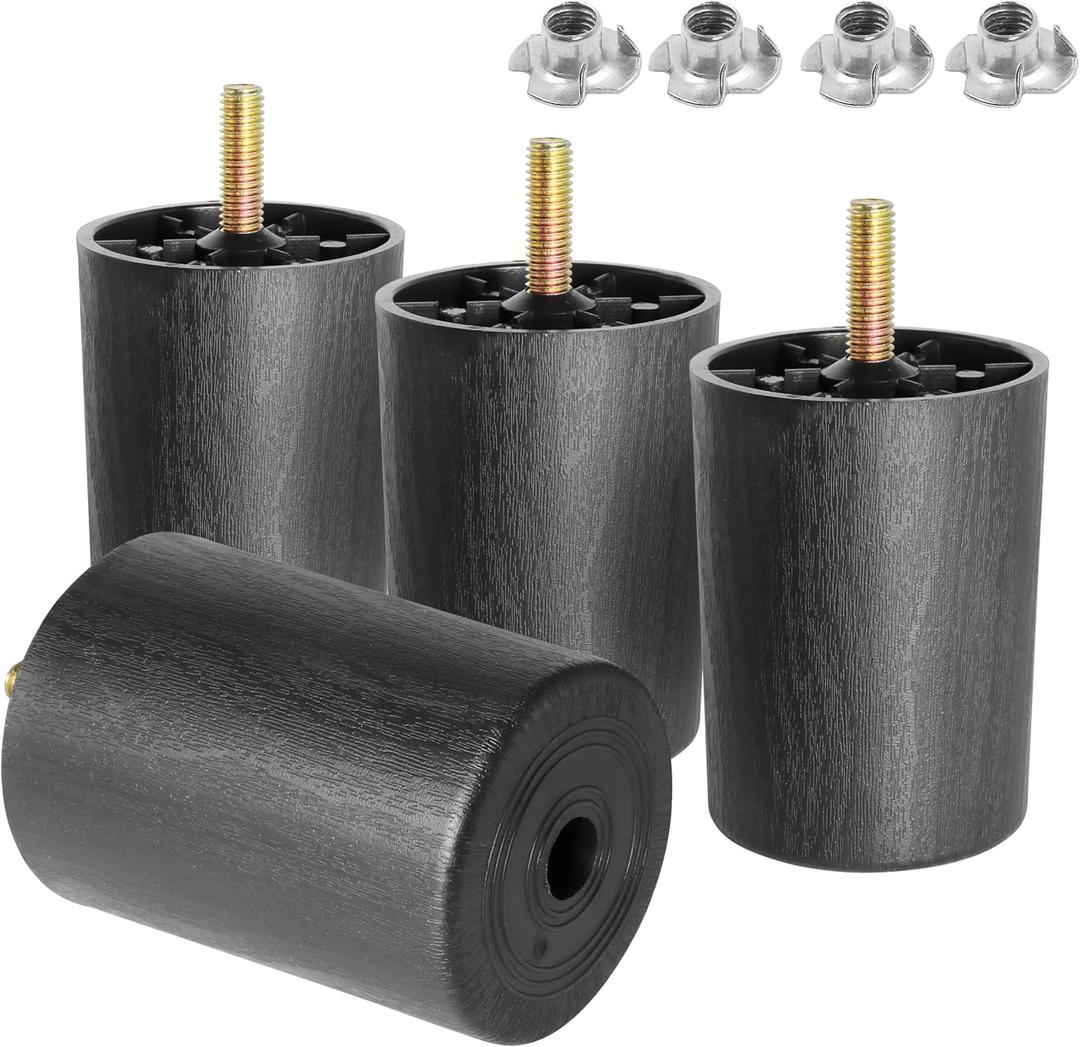 M8-1.25 Metric Thread Bolts Plastic Furniture Legs 3 Inch Black Round Tapered Sofa Feet with T-Nuts - Couch Feet Replacement - Couch Legs Set of 4