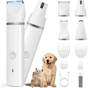Veeconn Dog Clippers Grooming Kit Hair Clipper-Low Noise Paw Trimmer- Rechargeable - Cordless Quiet Nail Grinder Shaver for Cats and Other Pets, White