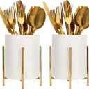 2 Set Silverware Caddy for Countertop,Sturdy Ceramic and Sturdy Metal Frame,Buffet Tableware, Party Table Decorations (Gold White)
