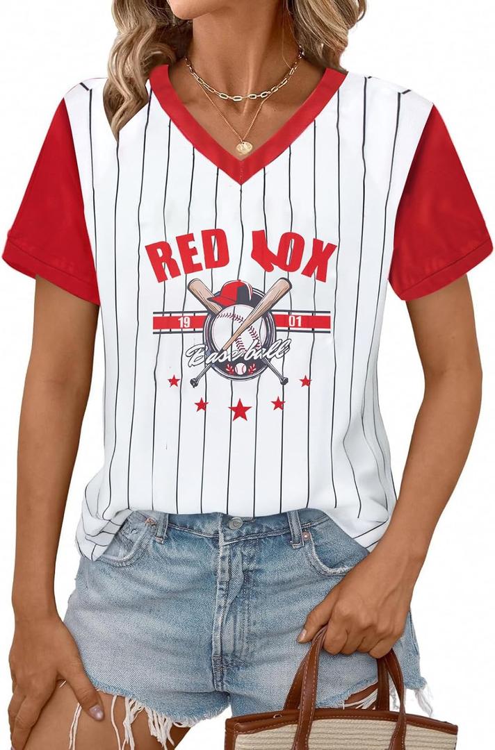 Baseball Jersey Women Shoulder Straight V-Neck Game Day Shirts Funny Baseball Heart Graphic Tee Streak Short Sleeve Tops (Medium)