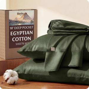 Bedsure 100% Giza Egyptian Cotton Sheets King Size - Luxury Hotel Sheets 18" Deep Pocket with 4 Corner Straps, PureWoven Soft & Beathable Sateen Weave Bedsheets(Olive Green, King)