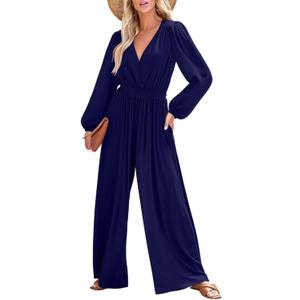 Dokotoo Jumpsuits for Women Lantern Long Sleeves Dressy 2024 One Piece Resort Wear Sexy V Neck Long Pants Smocket Waist Open Back Outfits for Fall Plus Size,Dark Blue XX-Large