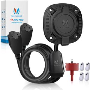 MICTUNING AC Port Plug with Heavy Duty Integrated Dual 20" Extension Cord Y Splitter Cable and Water Resistant Cap, Black
