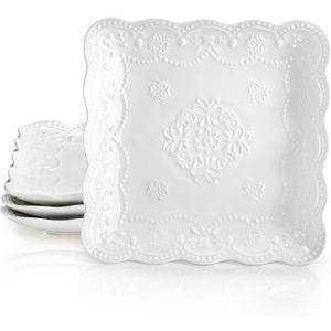Tebery Set of 4 Square Embossed Ceramic Plate, 10 Inch Elegant Dinner Plates Ivory White, Appetizer Salad Serving Plates Kitchen Plates for Christmas Afternoon Tea Banquet Wedding Party Steak Pasta