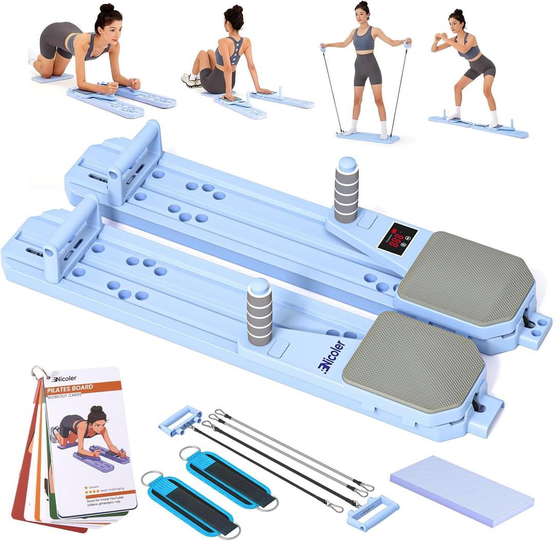 Nicoler Portable Pilates Reformer Set- Pilates Board 8-in-1 Multi-Functional Pilates Equipment (Blue)