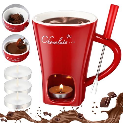Honeydak Chocolate Fondue Mug with Fork and Candle Sweet Ceramic Personal Chocolate Melting Cup Chocolate Fondue Mug Ideal Gifts for Birthday Date Night Birthday Wedding Gifts(Red)