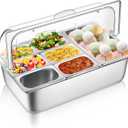 Ziliny Ice Food Serving Display Container 7 Pans Cooled Condiment Dispenser and Clear Roll Top Cover Stainless Steel Buffet Serving Tray Salad Bar Cooler Spice Food Display Rack for Buffet