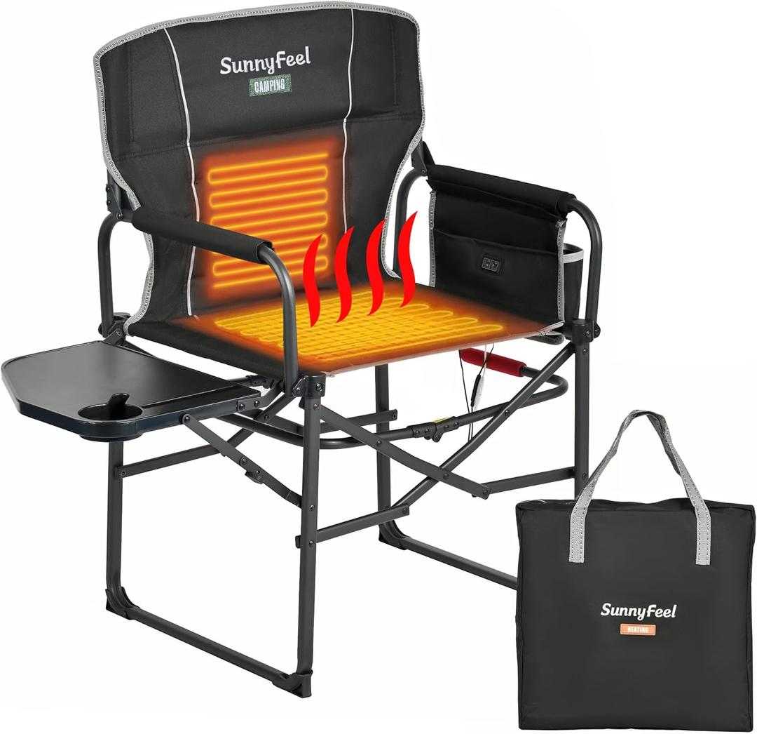 SUNNYFEEL Heated Camping Directors Chair, Heavy Duty, Oversized Outdoor Portable Heating Folding Chair with Side Table, Pocket for Beach, Fishing, Trip, Picnic Lawn, Concert Foldable Camp Chairs