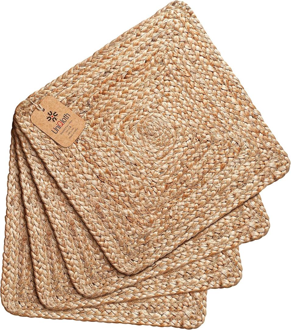 Jute Braided Placemats Set of 4 Reversible, 100% Jute, Nonslip 14x14 Square Farmhouse Vintage Jute Placemats for Dining Table, Perfect for Indoor Outdoor, Natural