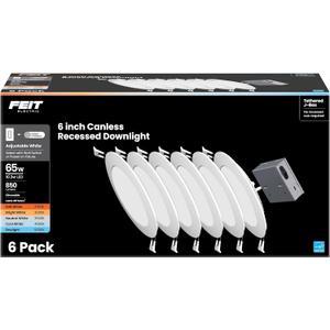 Feit Electric 6" LED Canless Recessed Downlights with Tethered Jbox, Slim, 65W Replacement, Dimmable, 5CCT Adjustable White, 90 CRI, 850 Lumens, LEDR6XT/6WYCA/6, 6 Pack