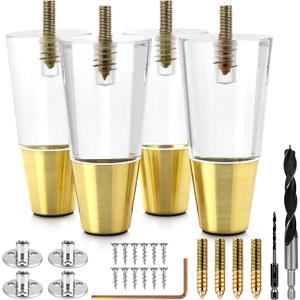 Acrylic Furniture Legs With Gold Caps - Mid Century Legs For Couch, Sofa, Chair, Table, Dresser, Bed, Cabinet - Furniture Feet Are Easy To Install & Include Installation Hardware - Set of 4, 4 Inches