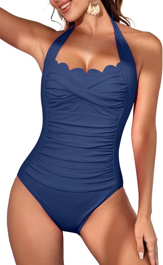 Eomenie Women One Piece Tummy Control Swimsuit Halter Scallop Trim Bathing Suits 1 Piece Vintage Ruched Slimming Swimwear (Medium, Blue)