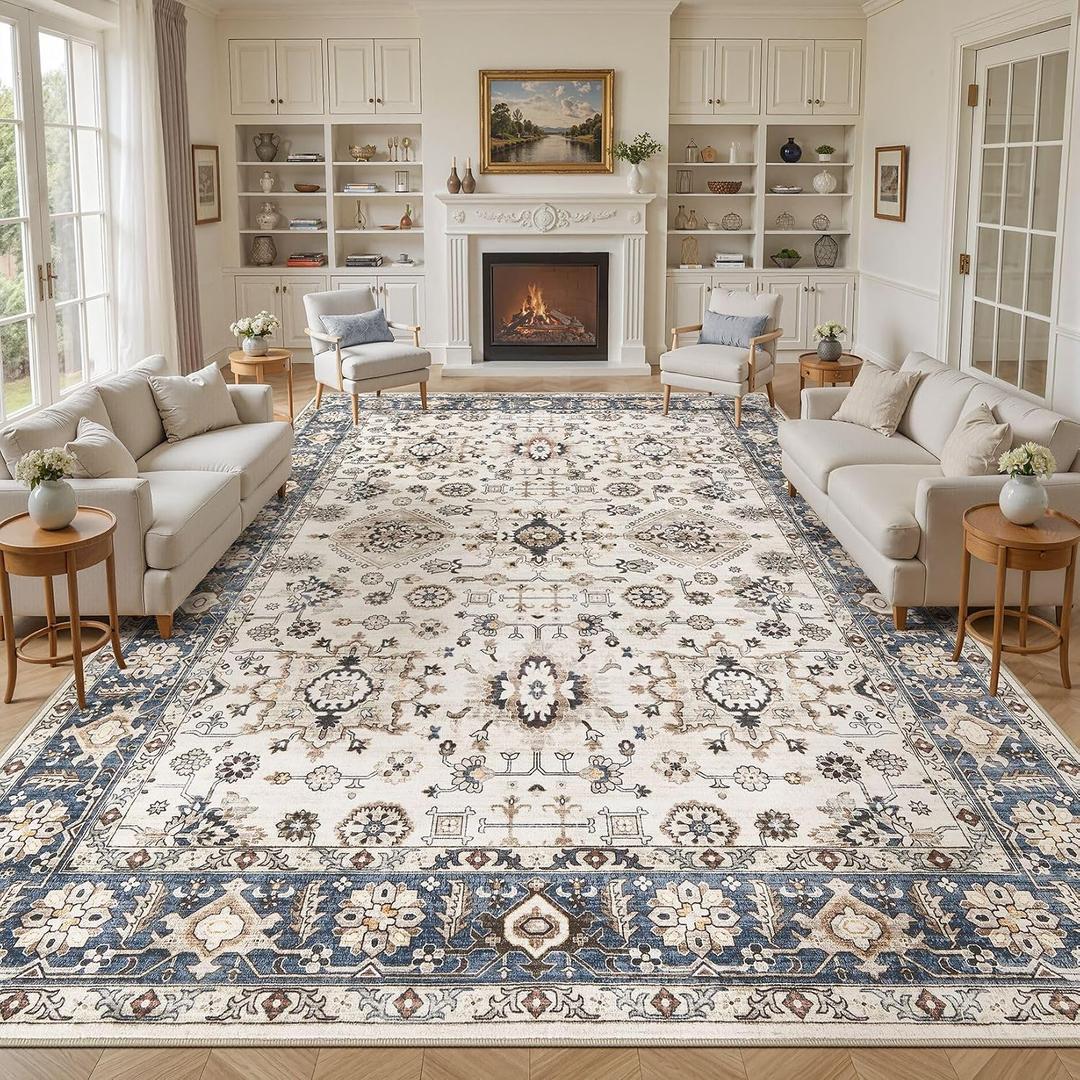 UESRUGS 12x18 Area Rug for Living Room, Washable Vintage Pattern, Non-Slip Stain Resistant Soft Durable Floor Rug for Bedroom & Dining Room - (Blue & Beige)