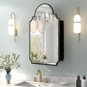 Black Decorative Medicine Cabinet Mirror, 20"x32" Recessed or Surface Mount Metal Irregular Medicine Cabinet for Bathroom, Elegant Curved Aesthetics Mirror with Storage, 2 Stable & Removable Shelves (Black-no Led - Left Open)